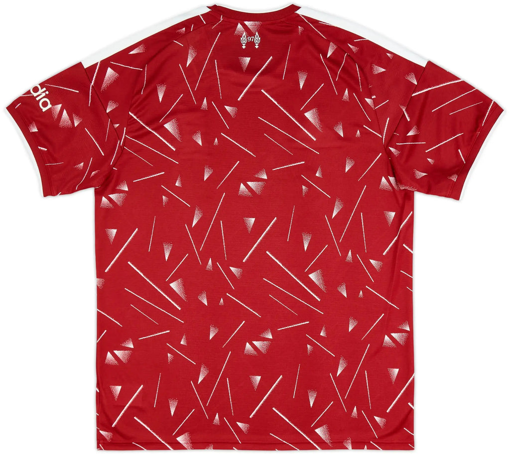 Red t-shirt with white geometric pattern on a white background