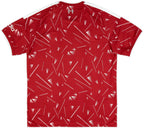 Red t-shirt with white geometric pattern on a white background