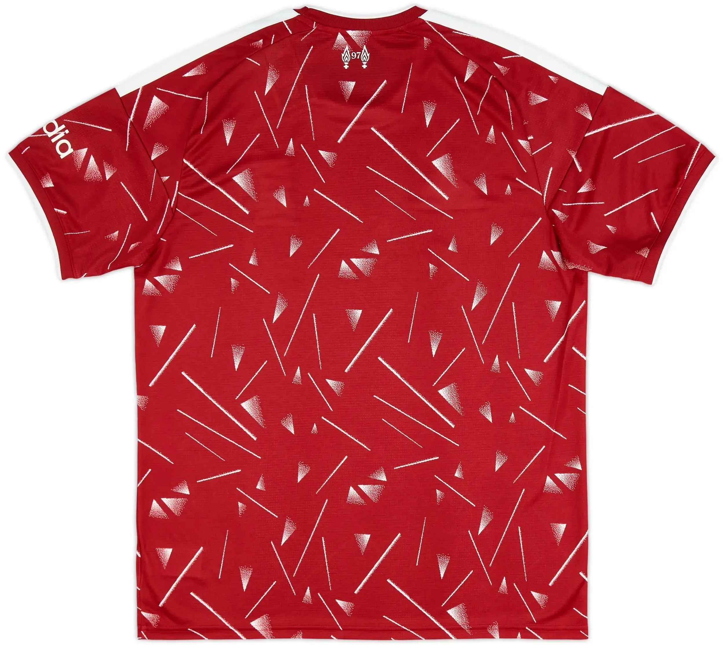 Red t-shirt with white geometric pattern on a white background