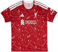 Red liverpool jersey with white patterns and branding on a white background