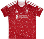 Red liverpool jersey with white patterns and branding on a white background