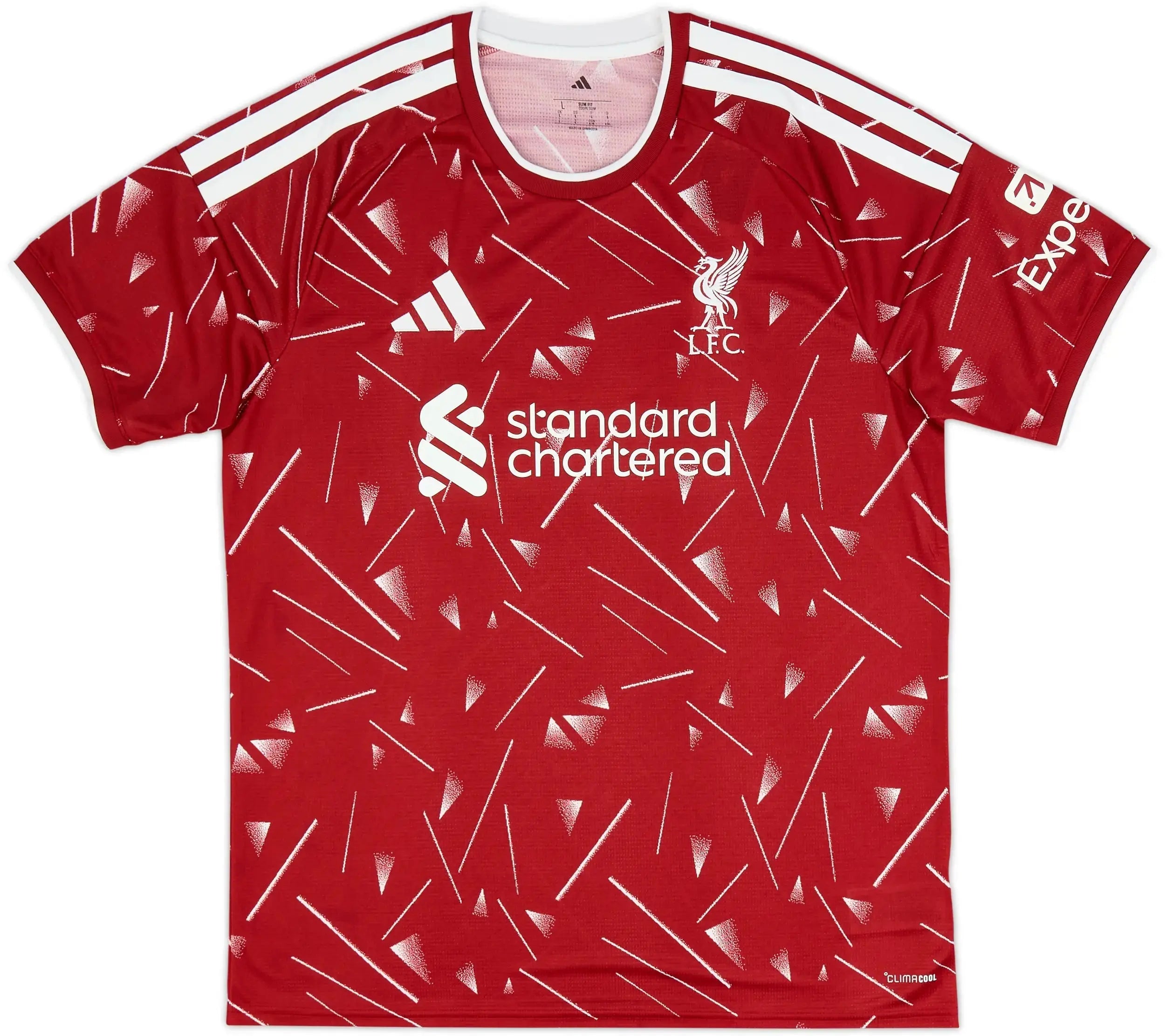 Red liverpool jersey with white patterns and branding on a white background