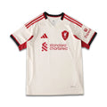 White soccer jersey with red and black accents featuring various logos on a white background