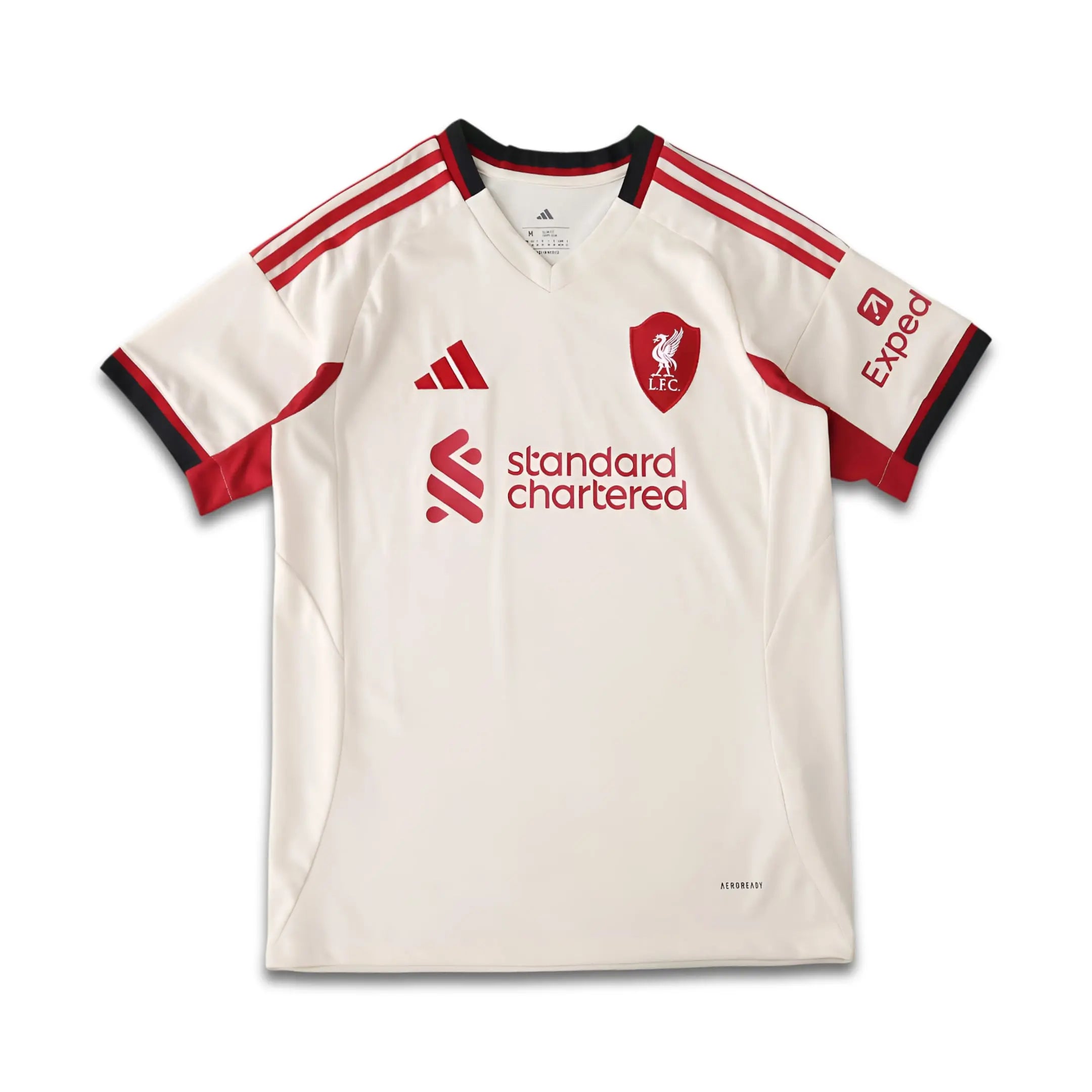 White soccer jersey with red and black accents featuring various logos on a white background