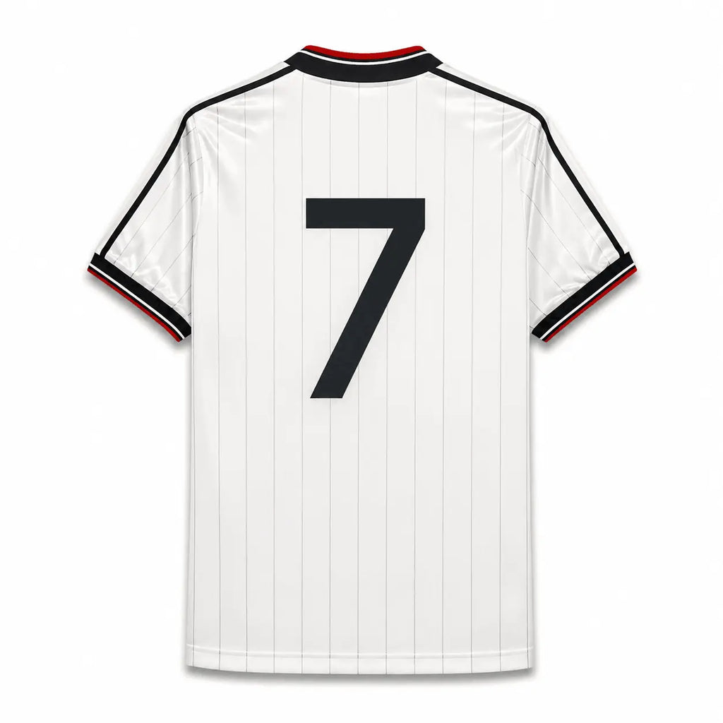 White short-sleeve soccer jersey with thin vertical pinstripes, black number 7 on the back, and black shoulder stripes with red tipping, shown on a plain white background.