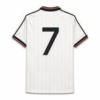 White short-sleeve soccer jersey with thin vertical pinstripes, black number 7 on the back, and black shoulder stripes with red tipping, shown on a plain white background.
