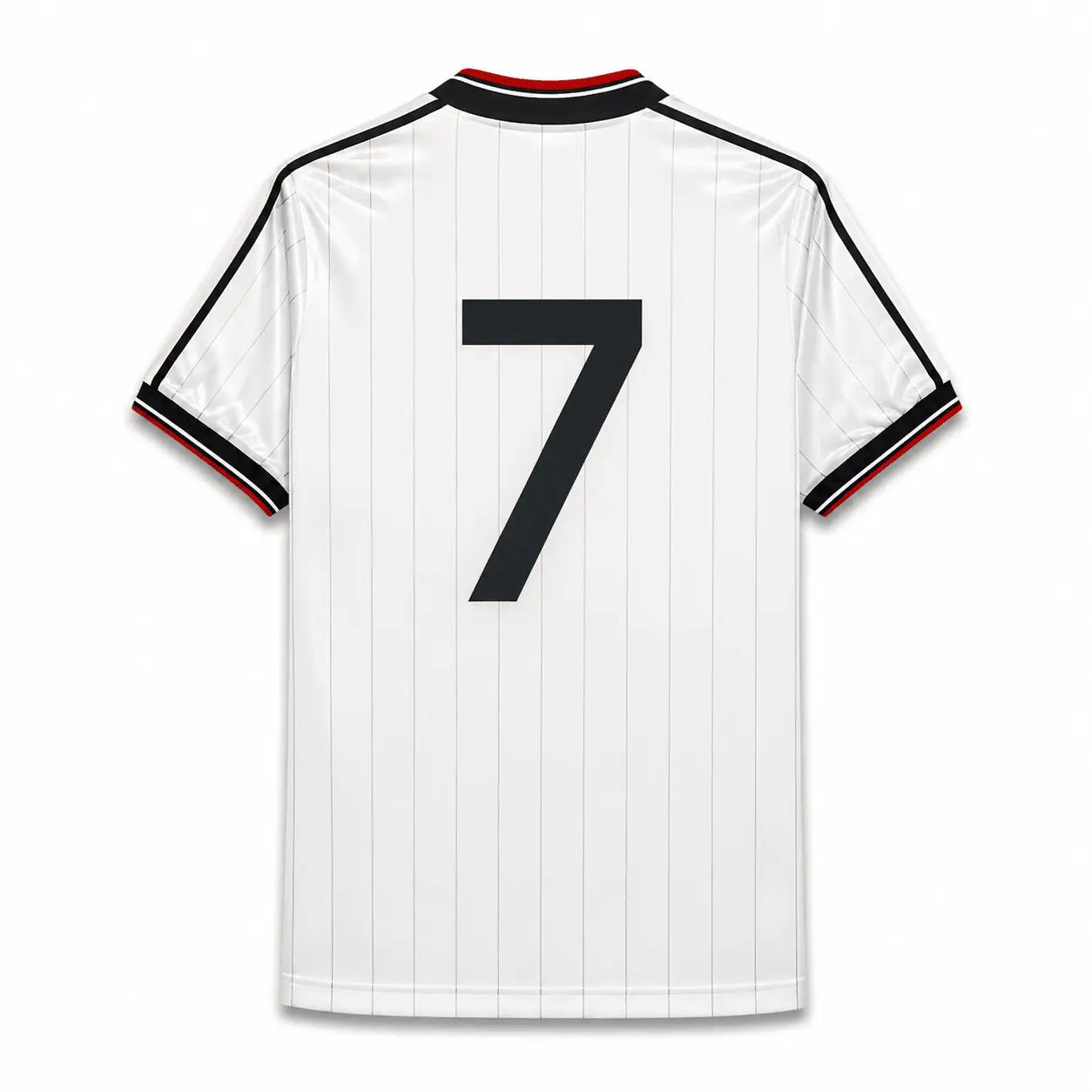 White short-sleeve soccer jersey with thin vertical pinstripes, black number 7 on the back, and black shoulder stripes with red tipping, shown on a plain white background.