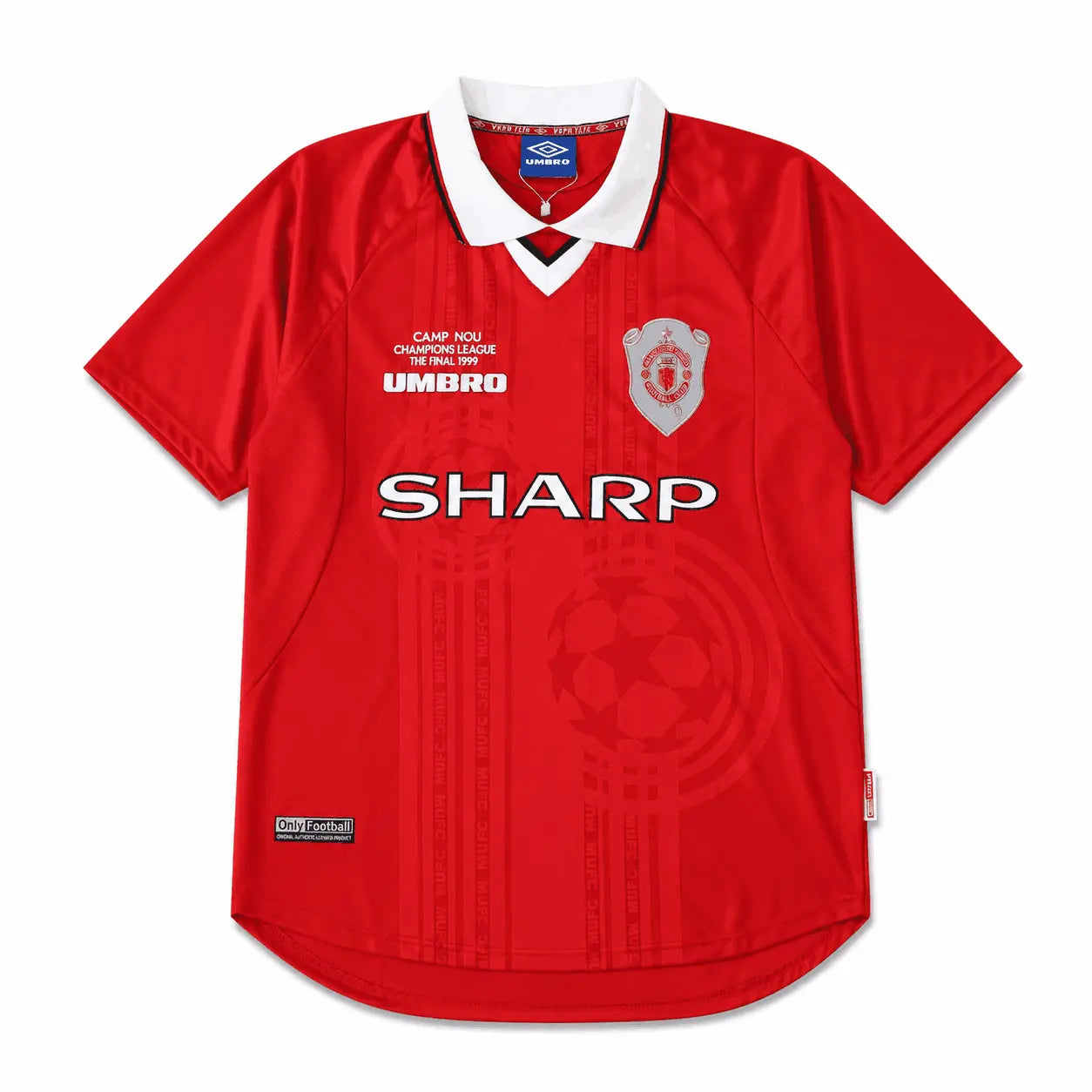 A red short-sleeve soccer jersey with a white V-neck collar, featuring the Manchester United crest, 'SHARP' sponsor logo, and 'UMBRO' text on the chest.
