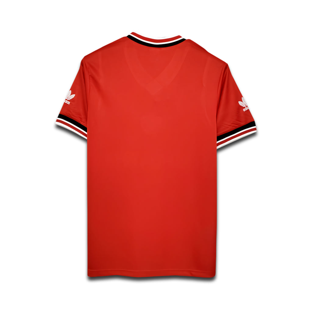 Red sports jersey with white logos on a white background