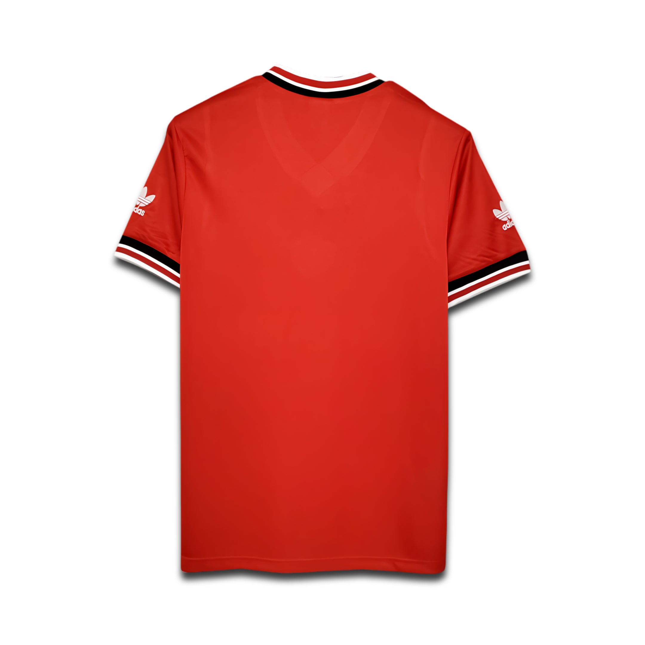 Red sports jersey with white logos on a white background