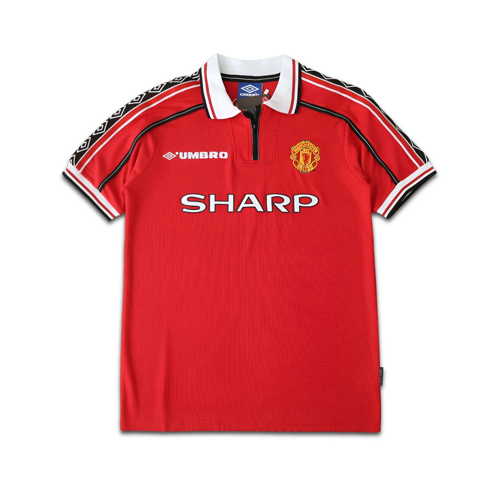 Red sports jersey with branding on a white background