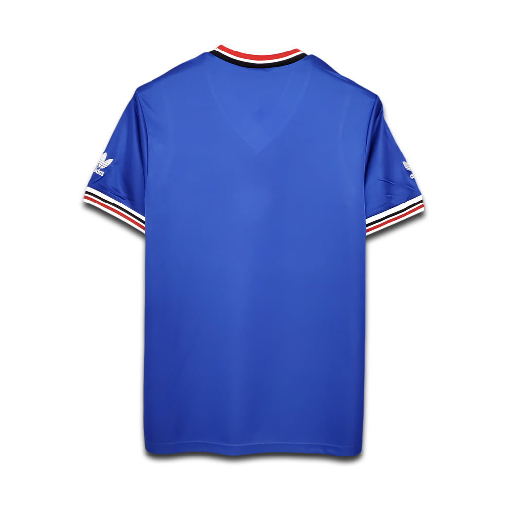 Blue sports jersey with brand logo on a white background