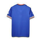 Blue sports jersey with brand logo on a white background