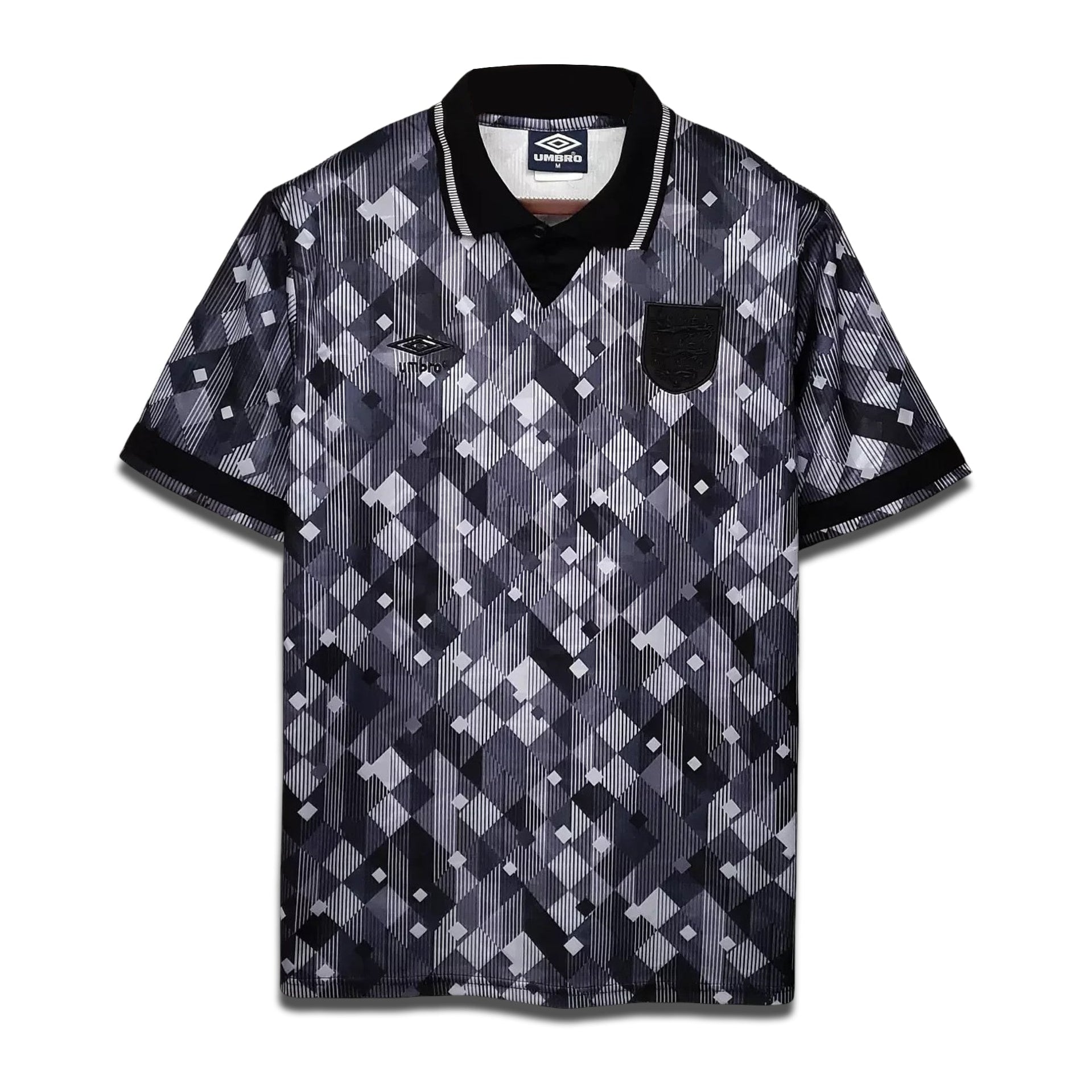 A retro black and white geometric patterned soccer shirt from England's 1990 Season with a collar and short sleeves.