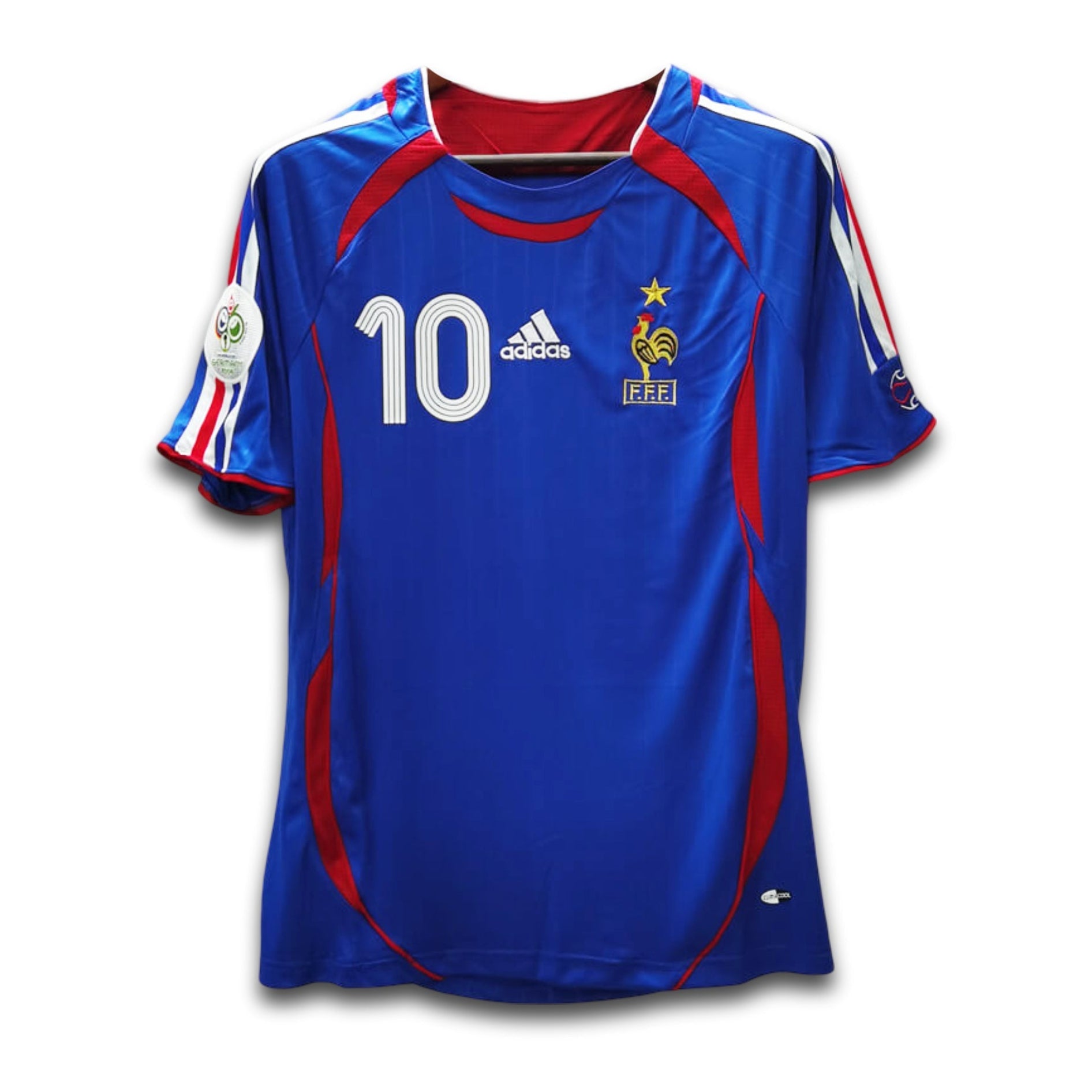 A blue soccer jersey with red and white accents, featuring the number 10 and Adidas branding, on a white background.