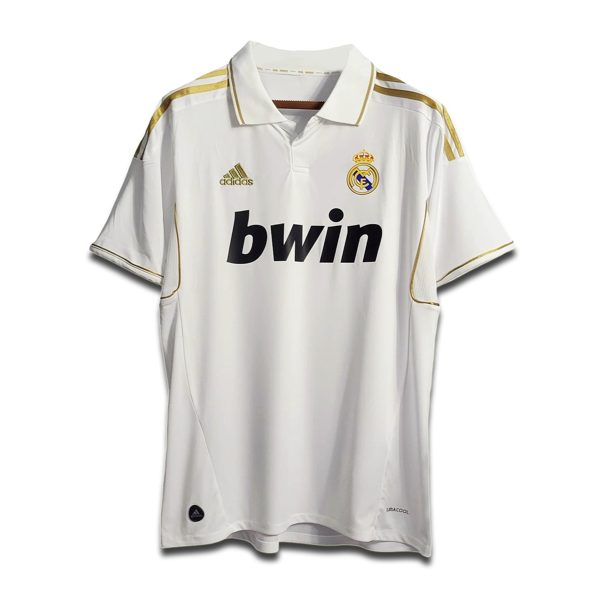 A white Real Madrid home shirt from the 2011/12 season with subtle gold trim and the Bwin sponsor logo.