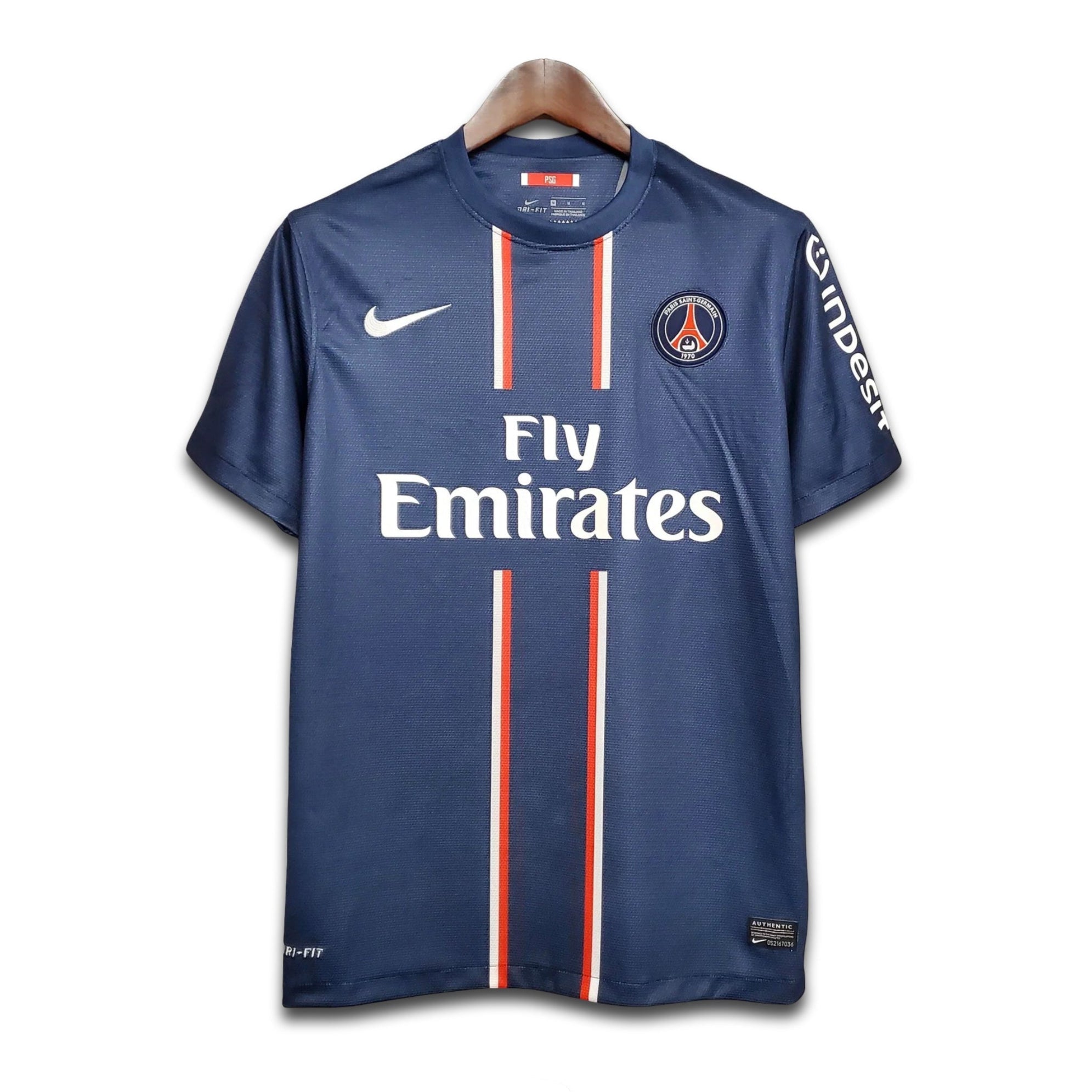 Navy blue PSG Emirates Nike jersey with branding on a white background