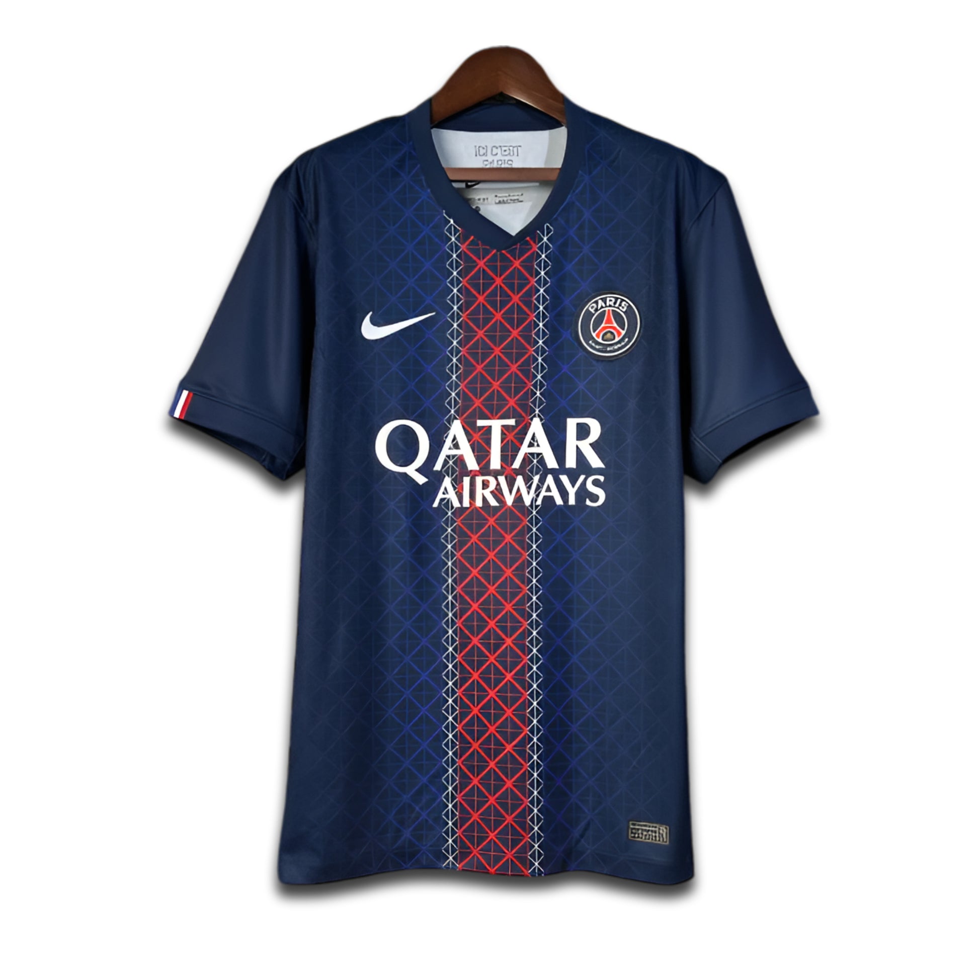 Blue PSG Paris soccer jersey with Qatar Airways logo on a hanger