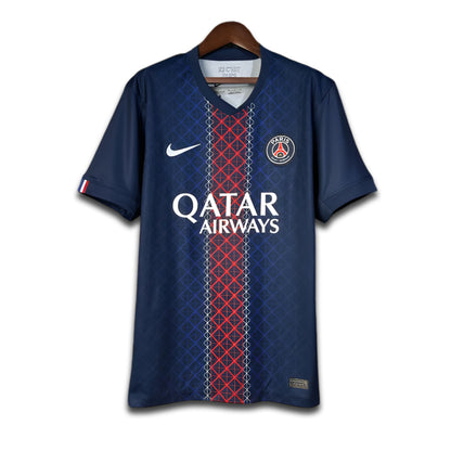Blue PSG Paris soccer jersey with Qatar Airways logo on a hanger