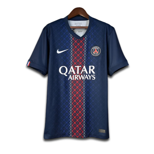 Blue PSG Paris soccer jersey with Qatar Airways logo on a hanger