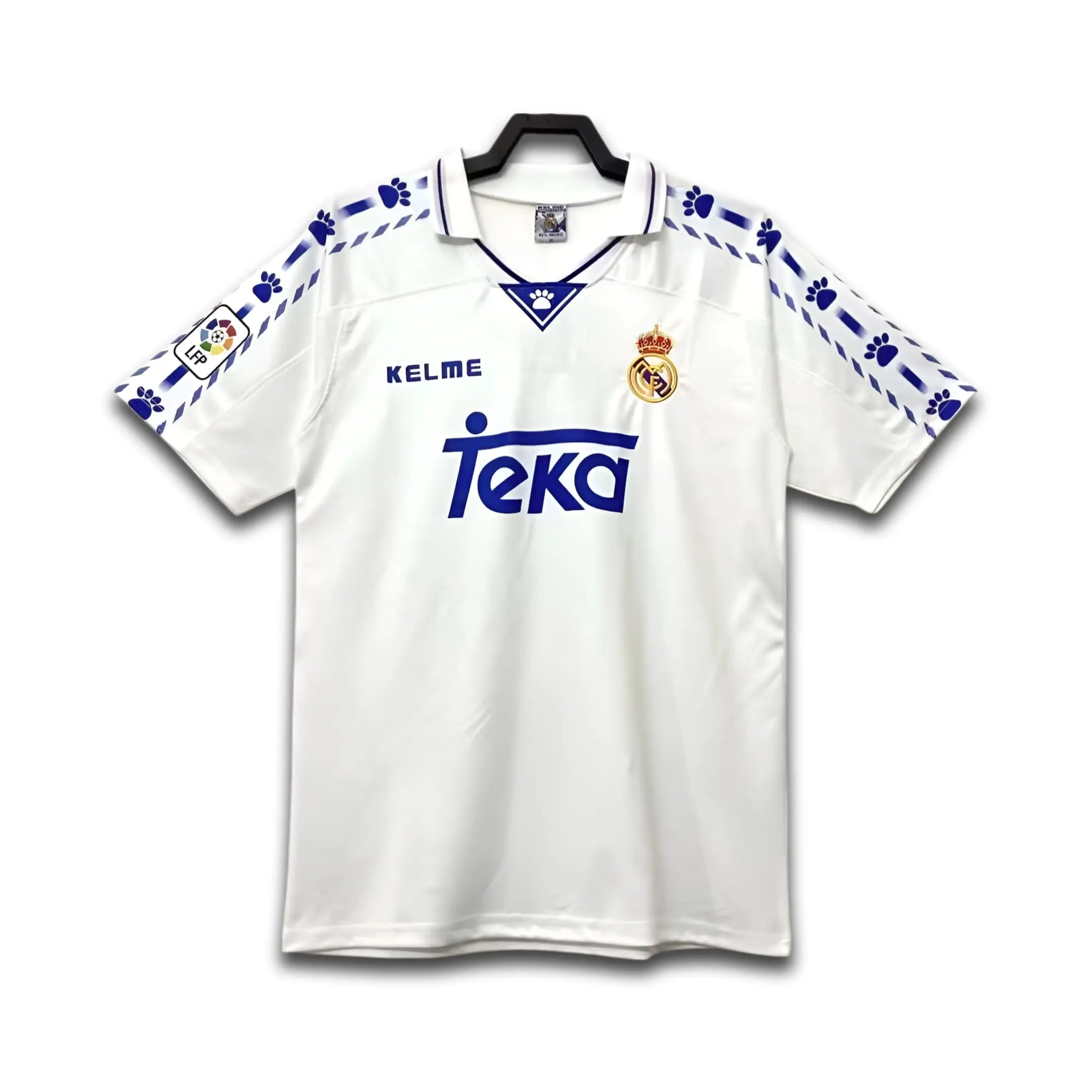 White sports jersey with blue accents and brand logos on a white background