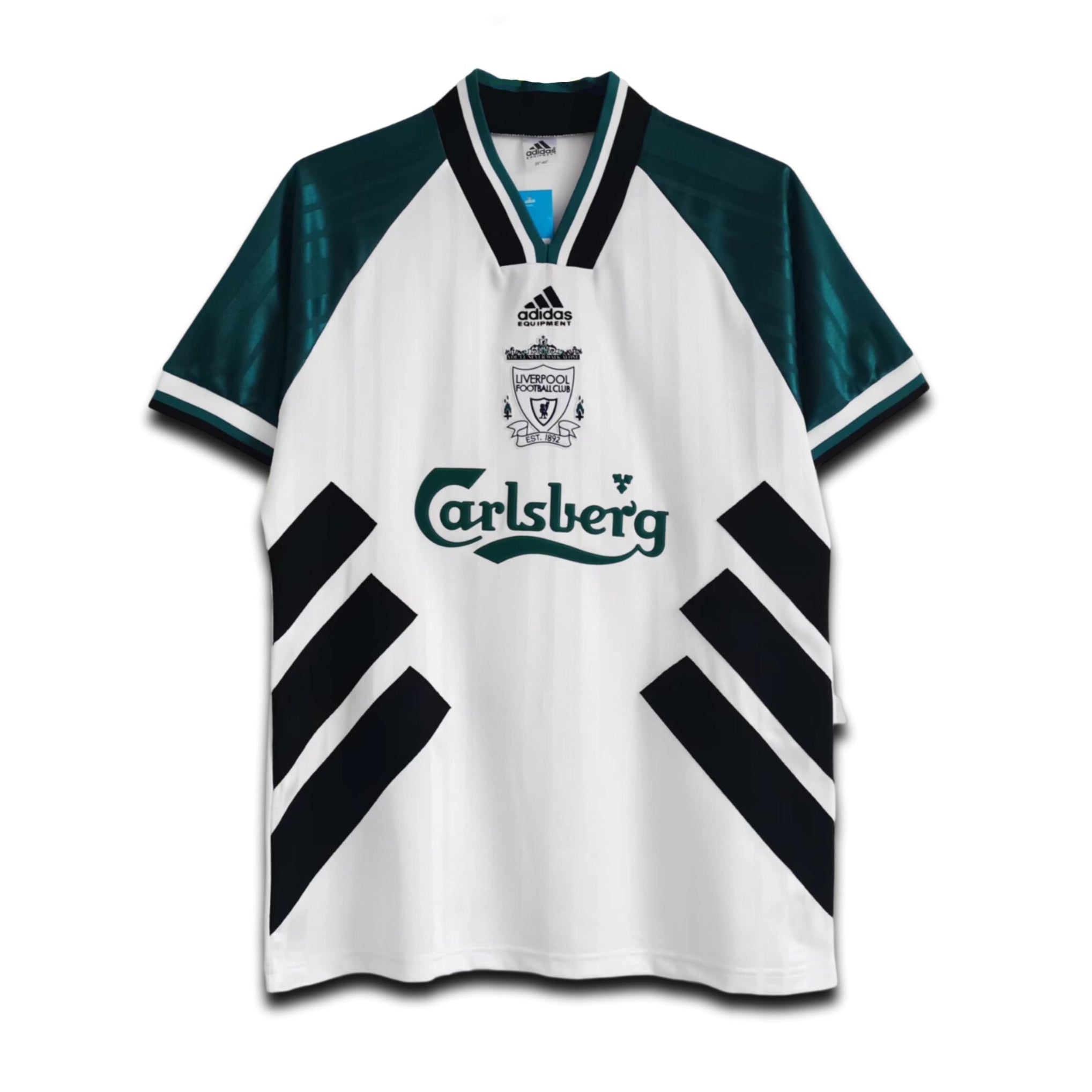 A retro Liverpool away football shirt with a green and white design, featuring the Adidas logo and Carlsberg sponsor branding.