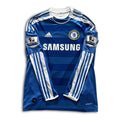 Blue chelsea jersey with white stripes and branding on a white background