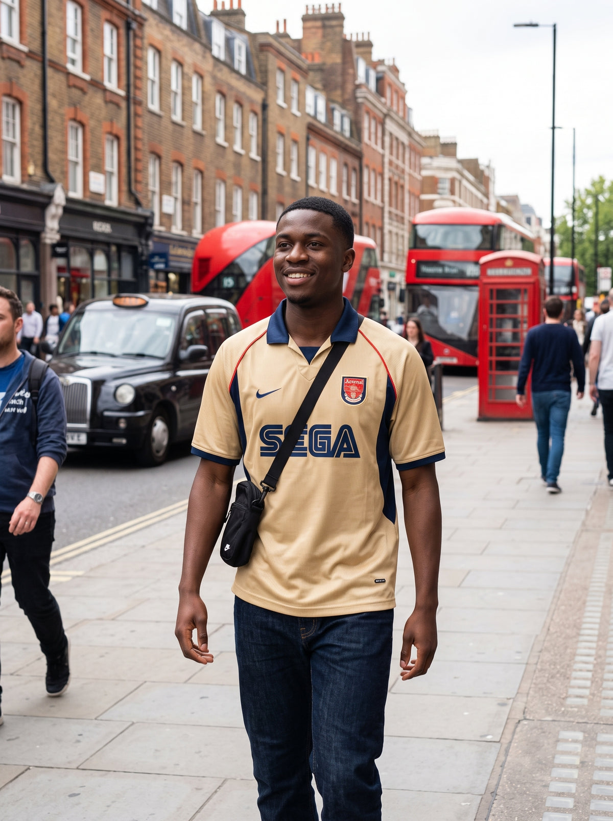 lifestyle: A new photorealistic photograph, composed from scratch, capturing a vibrant London street scene. A Black man in his 20s is walking confidently on a paved sidewalk, wearing the product as part of a casual streetwear outfit. The street behind him is busy with other pedestrians and typical London elements such as black cabs and red phone booths. The camera is at eye-level with a 35mm reportage lens, using f/4–f/5.6 aperture for moderate depth of field, rendering the background slightly soft but rec…