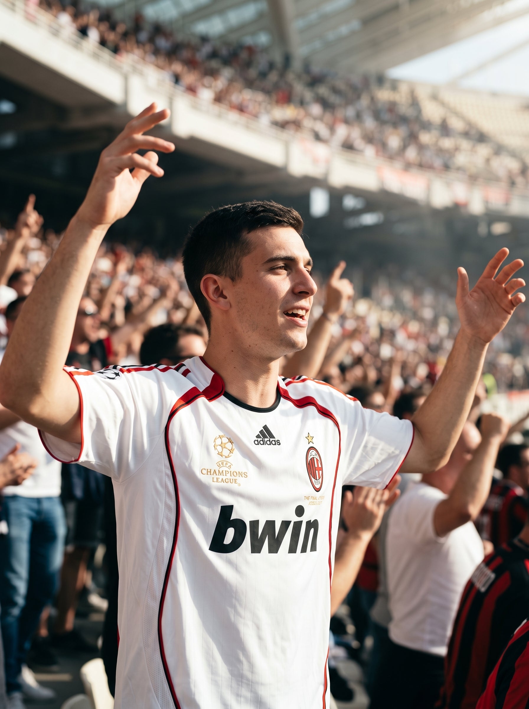 lifestyle: A new photorealistic photograph, not a modification of any input image. A White/European male in his early 20s, with a lean build and short, dark hair, is cheering enthusiastically from the stands of a bustling football stadium. He is facing slightly to the side, arms raised in a cheering gesture, looking towards the field with an excited expression, framed from the chest up. The upper rows of the modern stadium are visible in the background, with blurred figures suggesting a large crowd, captur…