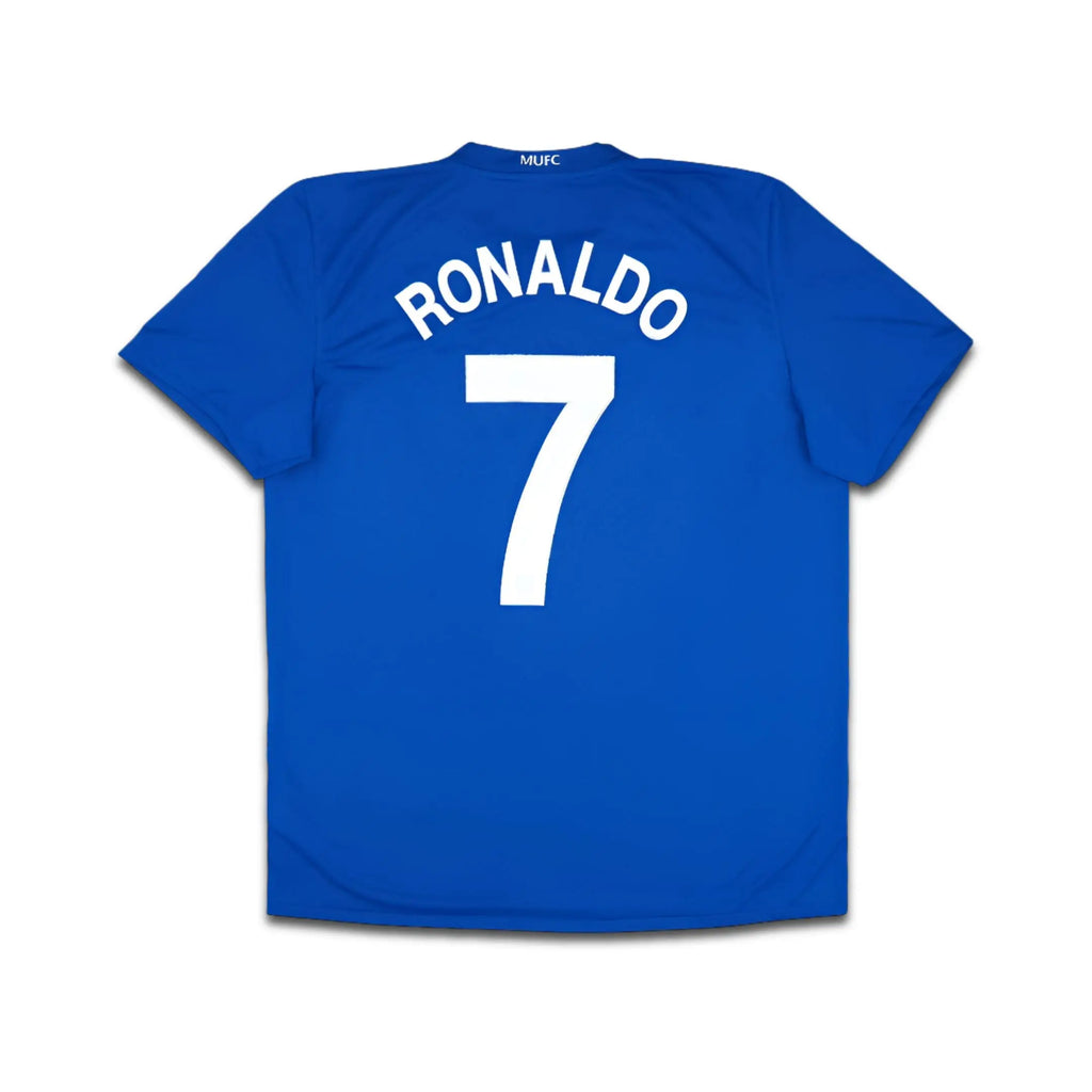 Blue sports jersey with 'RONALDO 7' printed on the back against a white background